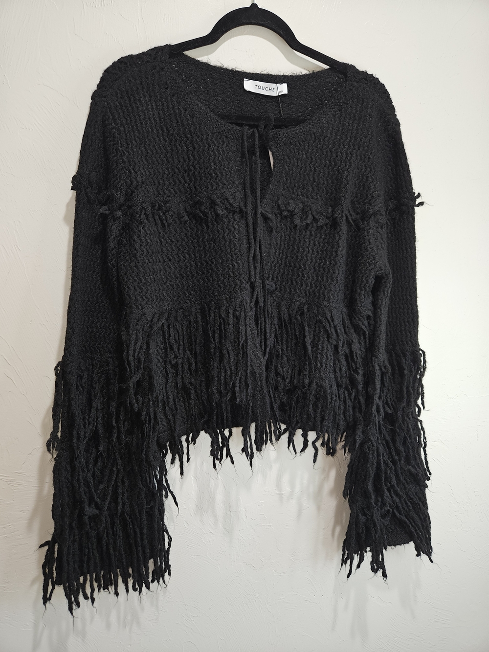 Touche Prive Black Fringe Knit Women's Sweater Cardigan Tie Front OSFM Medium - Picture 6 of 15